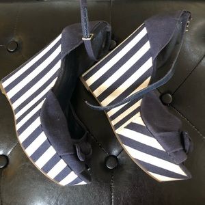 Demon stripe Jessica Simpson wedges with peeptoe bow and ankle strap